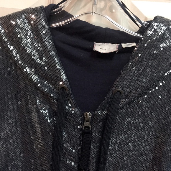 🎉”Anthropologie” Hooded Blue/Grey Sequin Zip Jacket - Picture 2 of 11